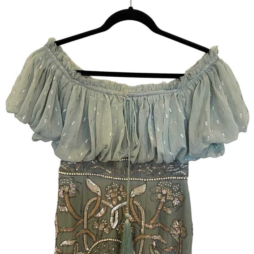 ASOS Design Blouson Bodice Off-Shoulder Mini Dress With Embellished Skirt - Picture 3 of 11